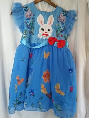 11/12y Blue Bunny Garden Dress Up Red Bow Fairytale Princess Butterfly Ruffles
